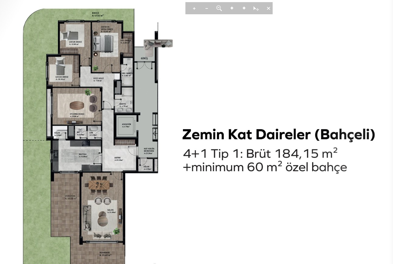 Zemin Kat Bahçeli 4+1 Tip 1