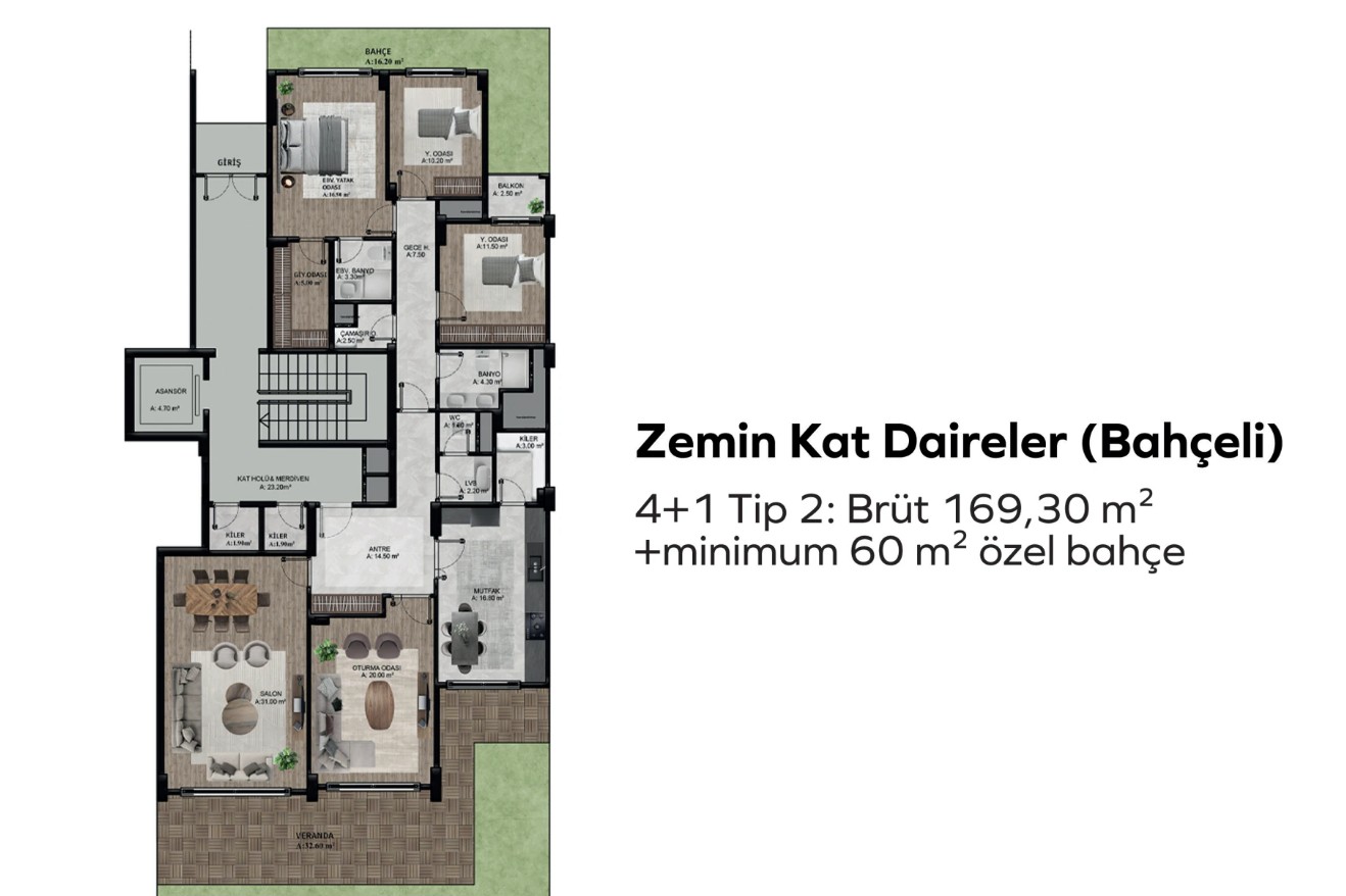 Zemin Kat Bahçeli 4+1 Tip 2